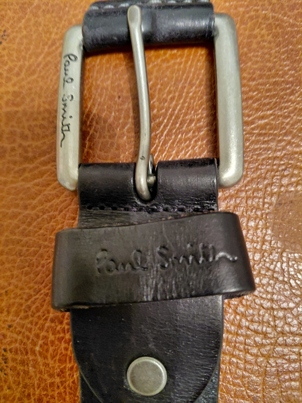 Paul Smith Black Leather Belt with Engraved Signature Buckle 38